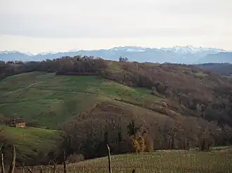 Vue générale sur un paysage vallonné.