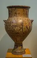 Amphore-cratère. Retour d'Apollon à Délos accueilli par Artemis. H. 98&nbsp;cm.Paros, v. 640.Musée National d'Arch. Athènes