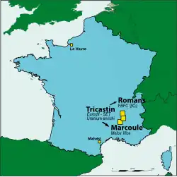 L'uranium enrichi est transféré dans l'usine FBFC de Romans pour y fabriquer des assemblages de combustible UO2 et dans l'usine Melox de Marcoule pour produire du Mox.