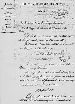Décret du Ministère de l'Intérieur et des Cultes, accordant la création d'un consistoire Juif à Besançon et sa région, indépendamment de Lyon ou Nancy.