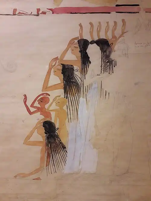 Dessin montrant un détail des pleureuses de la tombe d'Amenmosê, à Dra Abou el-Naga (Thèbes (Égypte)).