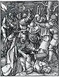 Le Christ embrassé par Judas, entourés de soldat, Pierre sortant son épée contre l'un d'eux au premier plan.