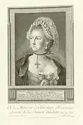 Charles de Beaumont en habit féminin dessiné et gravé par J. B. Bradel (1779).