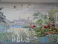 Tableau céramique représentant un étang avec des flamants roses.