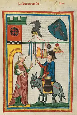 Planche 64r : Le seigneur Dietmar von Aist&nbsp;(de), avec une mule, symbole du voyageur. L'écusson contient une licorne.
