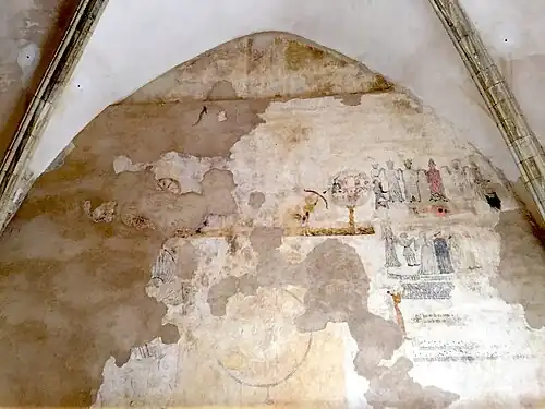 Vue d'ensemble de la fresque du cloître de Morella (Espagne), XVe siècle.