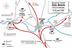 Carte en couleurs du déploiement de la 2e&nbsp;division SS « Das Reich » dans la zone de Limoges