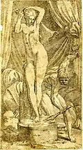 Pygmalion et Galatée : un sculpteur, nu, occupé à travailler sur la statue d'une femme nue (c.1540-45), d'après Primaticcio, hauteur : 235&nbsp;mm (rogné).