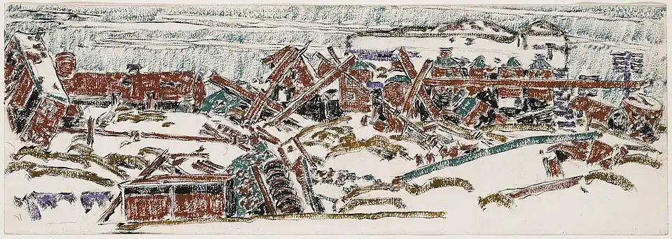 Dessin aquarellé de David Milne : La sucrerie de Courcelette (août 1919)