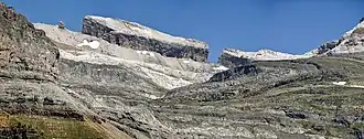 Vue du sud (versant espagnol) : de gauche (ouest) à droite (est), le doigt de la Fausse Brèche, la Fausse Brèche, la pointe Bazillac et son éperon rocheux, la brèche de Roland.