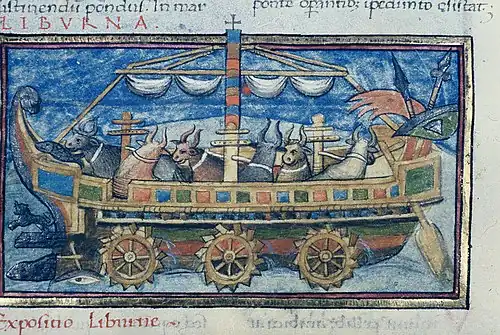 Liburne automotrice issue d'une copie du XVe&nbsp;siècle d'un ouvrage anonyme du IVe ou Ve siècle en bas latin répertoriant les machines de guerre utilisées par l'armée romaine.