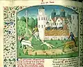 De casibus virorum illustrium, livre 9.Exécution de la reine Brunehaut en 613. Manuscrit de 1475.