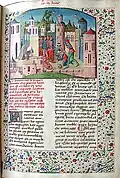 De casibus virorum illustrium, livre 2.Saül se suicide en se jetant sur son épée (à gauche) ; les Amalécites vaincus par Saül (à droite). Manuscrit de 1475.