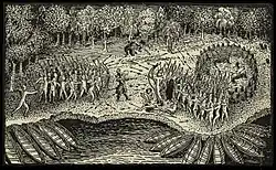 gravure représentant un combat entre deux tribus indiennes.