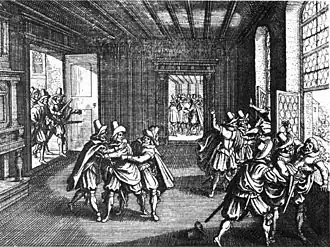 Gravure du XVIIe siècle en noir et blanc. La scène se déroule dans une salle du château de Prague. Sur la droite, un groupe d'individus en jettent d'autres par une fenêtre ouverte. Au centre, deux hommes en empoignent un autre et semble le destiner au même sort. Au fond à droite de la salle, on aperçoit un troisième groupe qui pénètre dans la pièce.