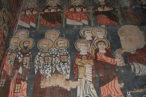 Détail de la fresque représentant le Jugement dernier, les élus sont conduits par les premiers martyrs Étienne et Jacques.