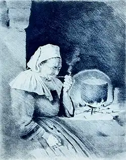 Bretonne fumant la pipe devant l'âtre (gravure à l'eau-forte).