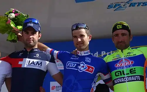 Podium de l'édition 2014 du Grand Prix de Denain : Matteo Pelucchi (2e), Nacer Bouhanni (1er) et Francesco Chicchi (3e).