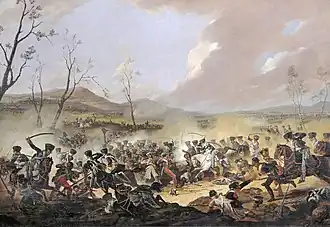 Tableau d'une scène de bataille, des cavaliers au premier plan sabrent des fantassins.