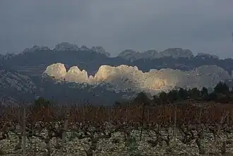 Au premier plan, la chaîne du Clapis précédant les Dentelles Sarrasines.