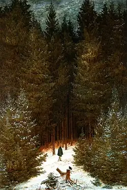Peinture représentant un chasseur s'enfonçant dans une vaste forêt de conifères aux troncs rapprochés.