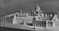 Maquette du Palais des Arts et ses porches avec fontaine et colonnes de la victoire devant le palais des expositions (1914)