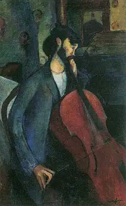 Peinture d'un homme assis de profil, brun et barbu, en veste, violoncelle dans une main, l'autre posée sur la cuisse