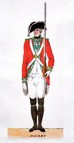 Aquarelle. Fantassin en uniforme : habit rouge, culotte et gilet blancs, guêtres noires