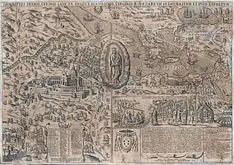 Gravure de la Description de la Translation de la Sainte Maison de la Vierge de Nazareth en Dalmatie et à Lorette d'après une peinture de la fin du XVI° siècle conservée au musée apostolique de la Santa Casa de Lorette et datant de 1606.