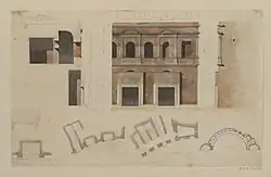 Dessin du portique connu sous le nom de "Bains de Paul-Émile" par Prosper Morey (Marchés de Trajan actuels) en 1832