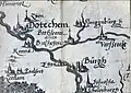 Détail d'une carte de Gueldre et de Clèves datée 1573 de Christian Sgrooten indiquant le château Slangenburgh (à l'est de Dotechem-Doetinchem).