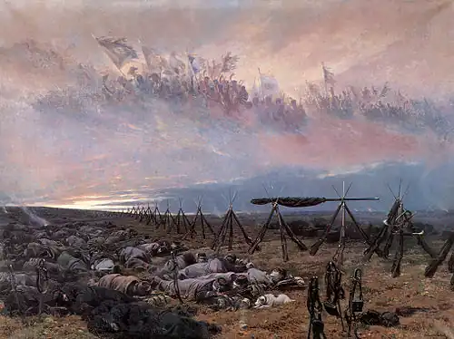 Peinture représentant des soldats endormis avec dans les nuages un défilé de soldats de la Révolution et du XIXe siècle.