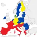 Situation à la fin de l'année 2020 :Pays respectant les critères de Maastricht.Pays respectant les critères sur un point seulement.Pays avec dette et déficit public modérés.Pays avec déficit public modéré.Pays avec dette et déficit public forts.Pays avec déficit et dette très forts, pays en difficulté.