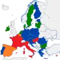 Situation à la fin de l'année 2023 :Pays respectant les critères de Maastricht.Pays respectant les critères sur un point seulement.Pays avec dette et déficit public modérés.Pays avec déficit public modéré.Pays avec dette et déficit public forts.Pays avec déficit et dette très forts, pays en difficulté.