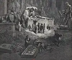 Pantagruel et ses compagnons regardent des tombes et des statues.