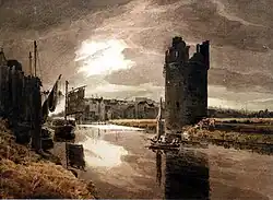 Aquarelle d'un canal avec un bateau au centre, près d'une tour médiévale en ruine. Le canal calme reflète des tons sourds sous un ciel couvert. Une ville et d'autres navires sont visibles. L'ensemble est serein, dans un style européen du XIXe siècle, avec quelques vaches à l'arrière-plan. Perspective légèrement au-dessus de l'eau.