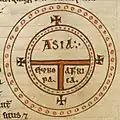 Carte en T, XIIe&nbsp;siècle : l'Asie (moitié supérieure de la carte) est séparée de l'Afrique (quart inférieur droit) par le Nil.