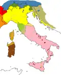 Langues régionales en Italie et en Corse selon Clemente Merlo et Carlo Tagliavini en 1939