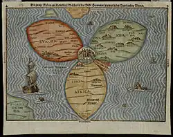 Jérusalem au centre de la « carte du trèfle » du théologien allemand Heinrich Bünting, extraite de son livre Itinerarium Sacrae Scripturae, Magdebourg, 1581.