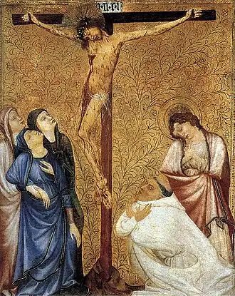 Jean de Beaumetz, Calvaire avec un moine chartreux, 1389-1395. Musée de Cleveland.