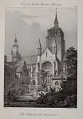 L'église Notre-Dame, avec son ancien clocher, au début du XIXe&nbsp;siècle