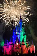 Le château de nuit, pendant le spectacle nocturne Wishes.