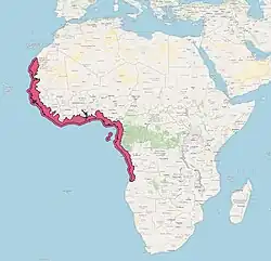Carte montrant la Répartition d’E. fimbriata d'après l'UICN (avril 2024).