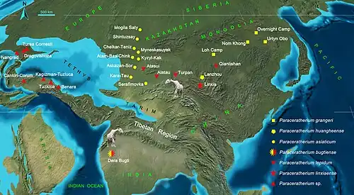 Carte montrant les emplacements fossiles d'un grand mammifère préhistorique.