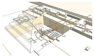 Vue en perspective des infrastructures de la pyramide de Djéser (en vert, la galerie d'époque Saïte)