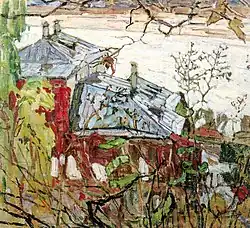 Tableau avec toits gris, murs rouges et feuillages au premier plan, au-dessus un cour d'eau presque blanc