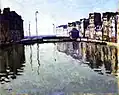 Peinture montrant une grande étendue d'eau se confondant presque avec le ciel et bordée de bâtiments qui s'y reflètent