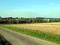 Le clocher de l'église fortifiée surgit de la verdoyante vallée de la Brune.