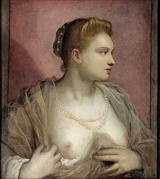Dame montrant sa poitrine, Domenico Tintoretto, 1580-1590.