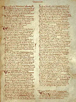 Une page de manuscrit couverte de texte écrit serré sur deux colonnes. La mention « Warwickshire » figure au sommet de la page.